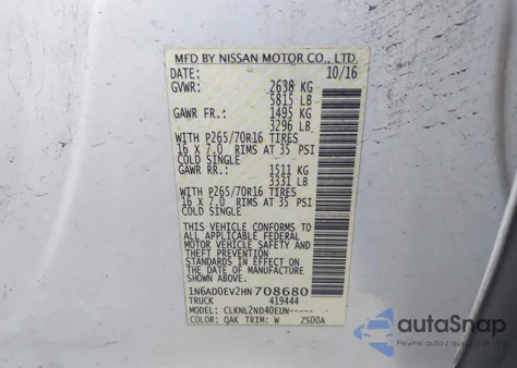 2017 Nissan Frontier Sv z USA, uszkodzony, nr VIN 1N6AD0EV2HN708680